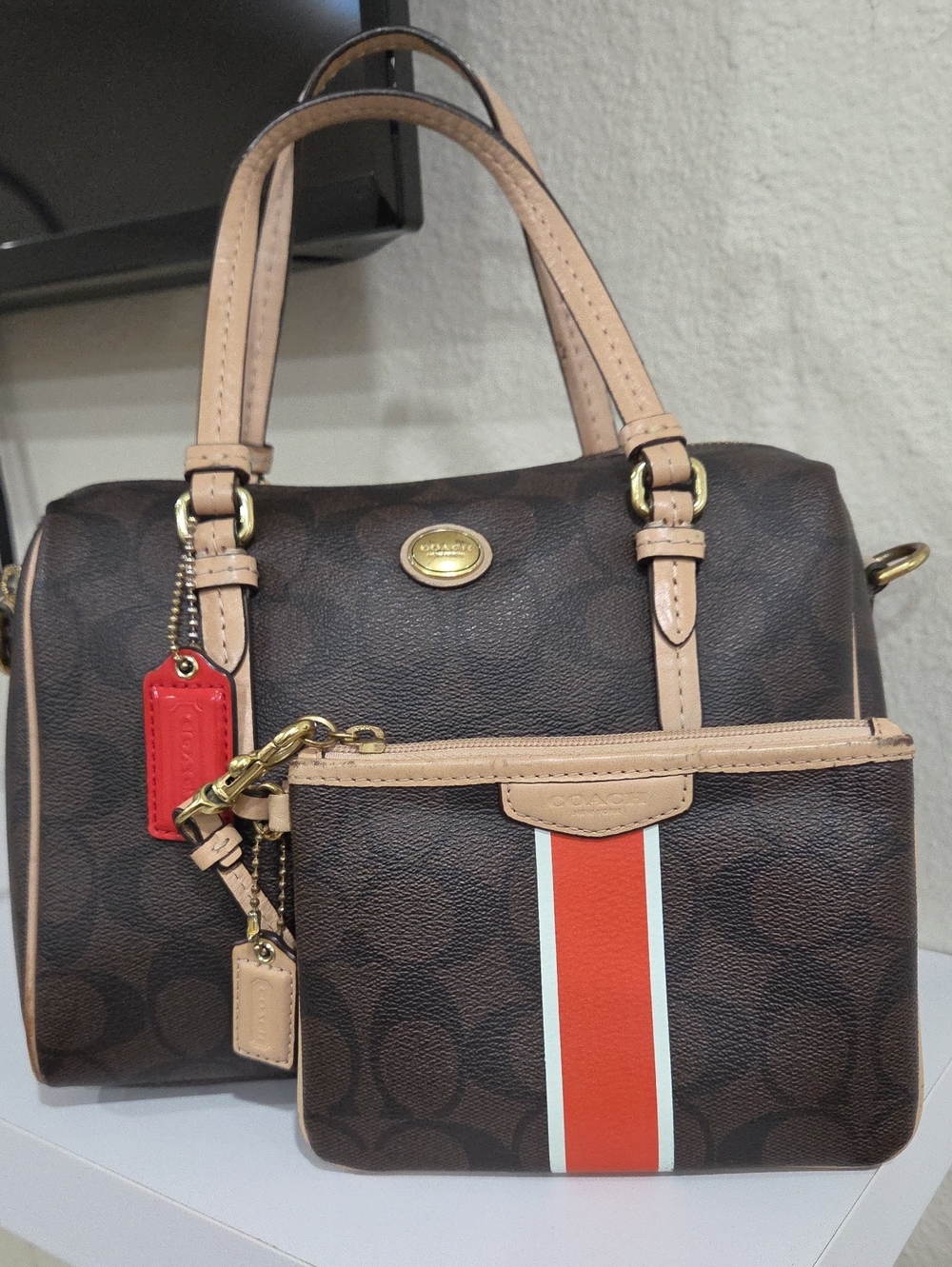 Coach Peyton Brown Signature Satchel with Red Stripe Wristlet